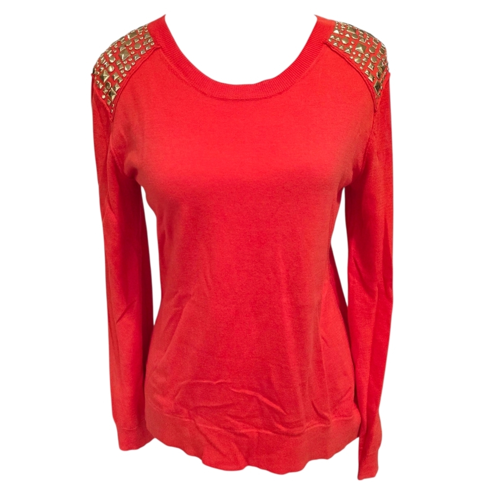 Michael Kors Red And Gold Studded Accent Long Sleeve V Neck Sweater Size Small - Picture 2 of 7